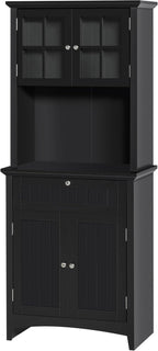 Kitchen Pantry Storage Cabinet with Framed Glass Door Drawer and Microwave Space, Black,for Kitchen