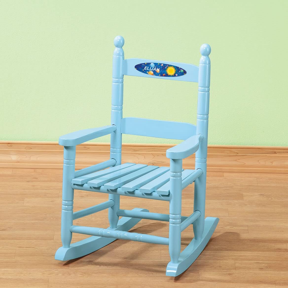 Fox Valley Traders Custom Space-Themed Children's Rocking Chair, Durable Wood - Measures 14 1/2" Wide x 11 1/2" Deep; 22 1/2" Overall Height, Blue Font