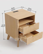 2 Pack Curved Fluted Bedside Table with Charging Station, 18" End Table with 2 Storage Drawers, Sturdy Wood Side Table for Bedroom, Living Room, Small Spaces, Modern Home Decor,Natural Oak
