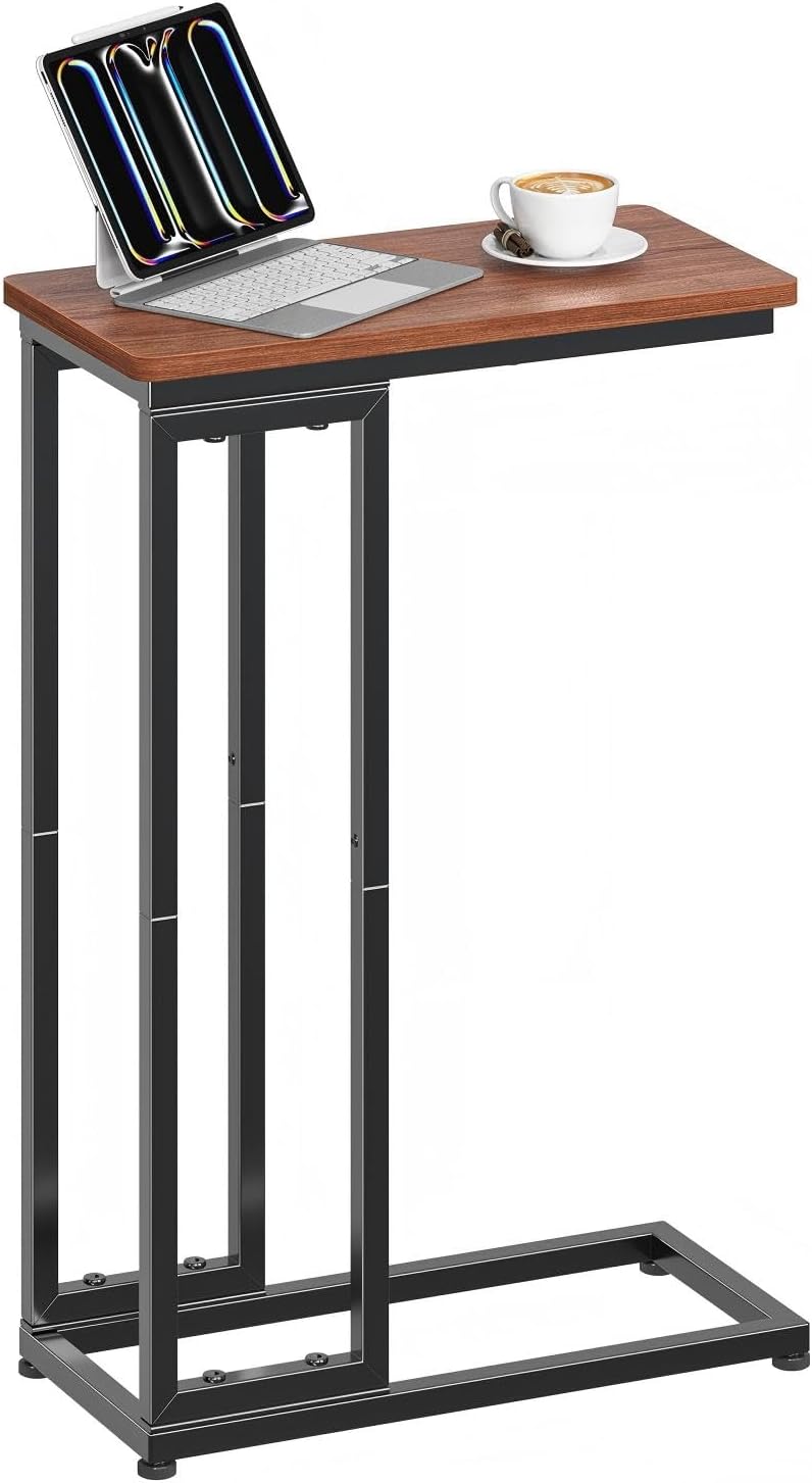 Ekisemio C-Shaped End Table, Slide Under Sofa Side Table with Metal Frame, Rustic Brown for Living Room