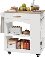 MAHANCRIS Kitchen Island, Mobile Kitchen Island Table with Drawer and Open Shelves, Kitchen Storage Island on Wheels, Rolling Kitchen Cart with 6 S-Shaped Hooks, for Kitchen White and Natural KIBN9901