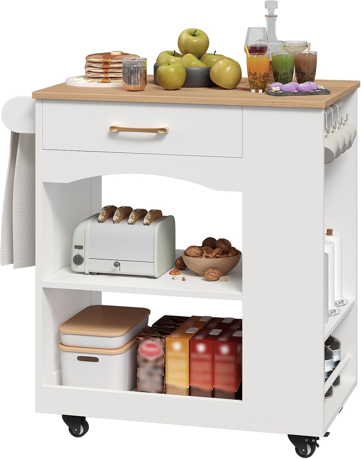 MAHANCRIS Kitchen Island, Mobile Kitchen Island Table with Drawer and Open Shelves, Kitchen Storage Island on Wheels, Rolling Kitchen Cart with 6 S-Shaped Hooks, for Kitchen White and Natural KIBN9901