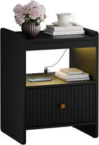 HIFYOBRO 21.6" Fluted Nightstand, End Table with Charging Station and LED Light, Modern End Side Table with Drawer (Black)