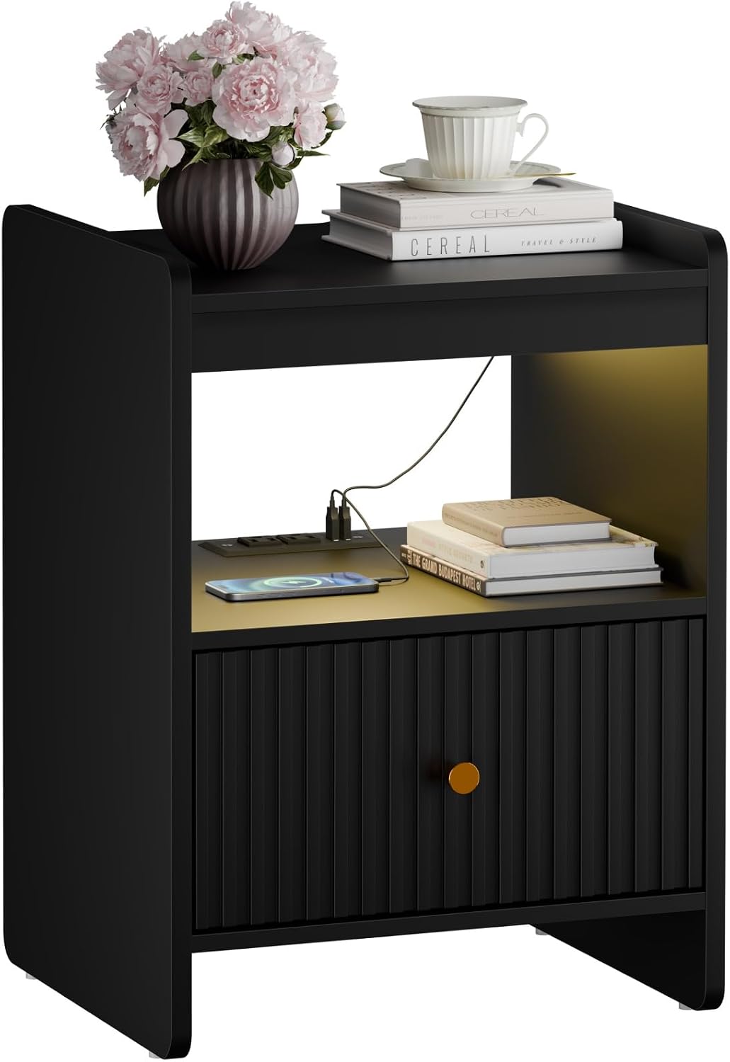 HIFYOBRO 21.6" Fluted Nightstand, End Table with Charging Station and LED Light, Modern End Side Table with Drawer (Black)