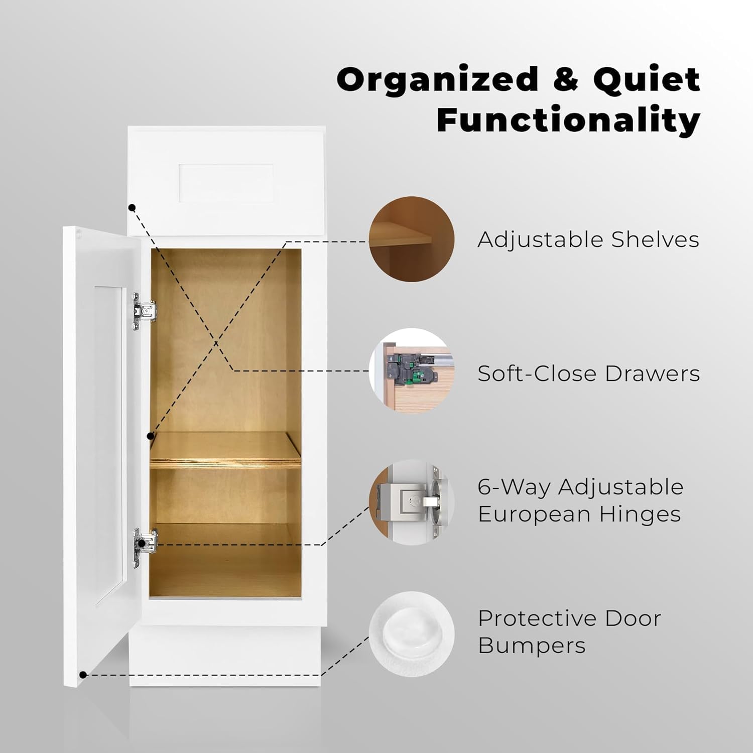 Hollywood Fabiani Design Base Kitchen Cabinet - 9 in. W x 24 in. D x 34.5 in. H, Shaker White, Solid Wood Frame, 1/2-Inch Cabinet-Grade Plywood Box, Soft-Close Door, Ready to Assemble