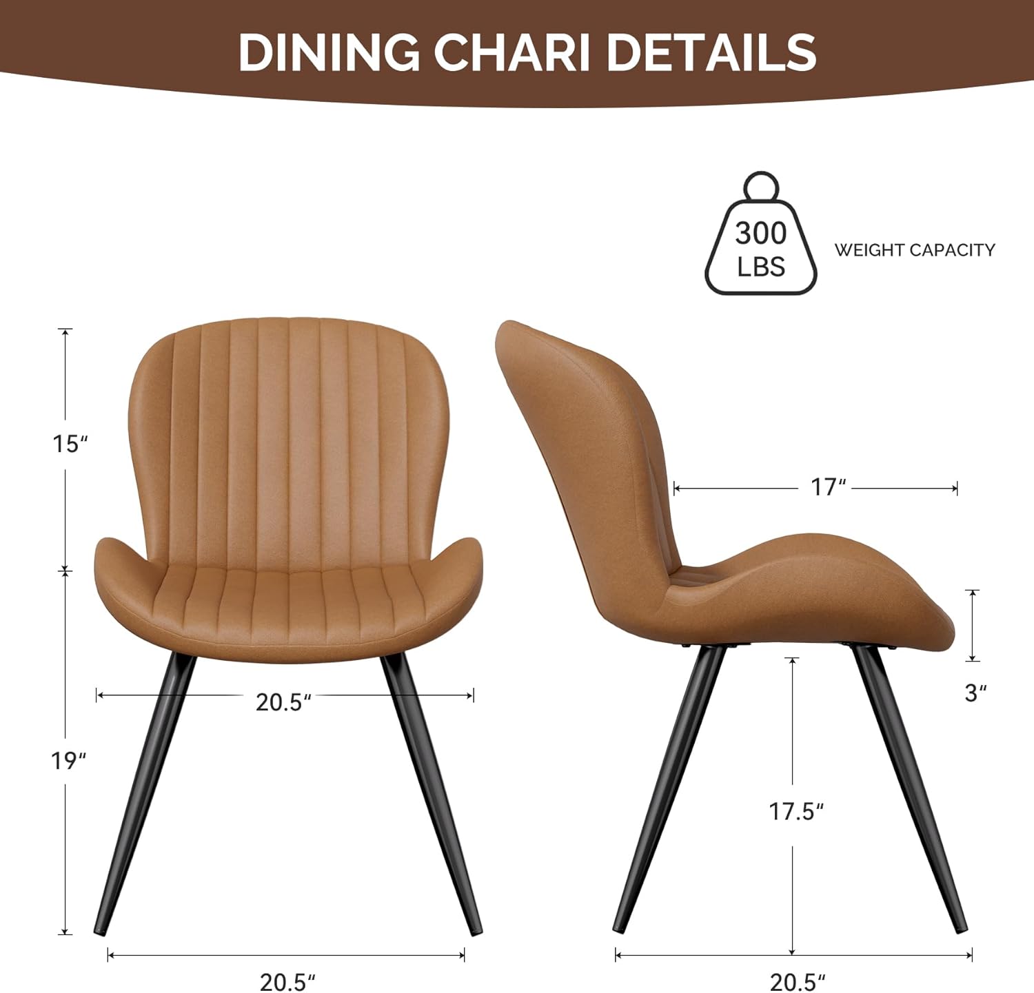 Nalupatio Dining Chairs Set of 2, Modern Dining Room Chairs Comfy Backrest Thick Upholstered Kitchen Chairs 19IN Height with Metal Legs Brown