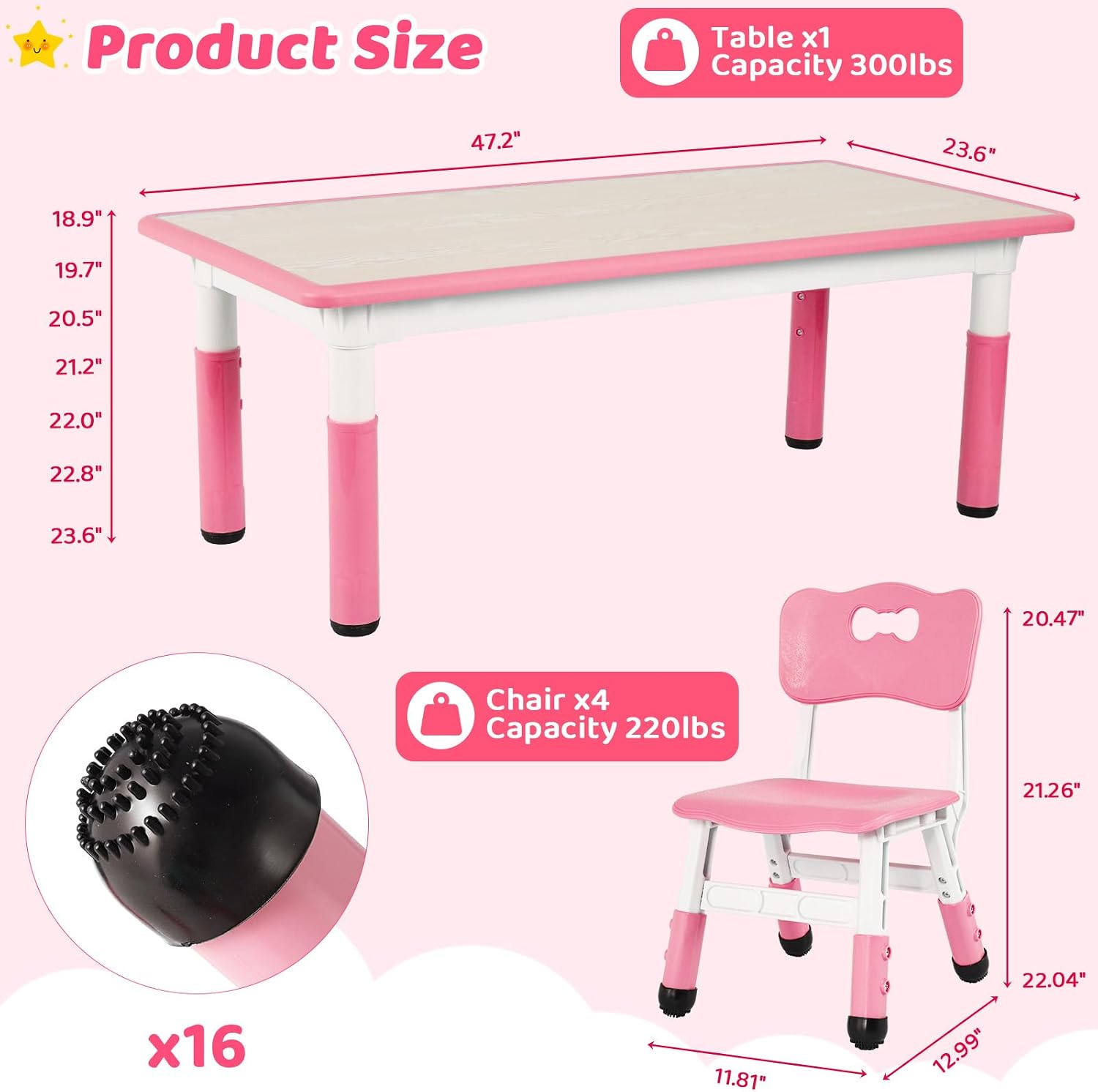 Arlopu Kids Table and 4 Chairs, Height Adjustable Toddler Desk & Chair Set, Anti-Slip Legs, Graffiti Desktop, Children Large Multi-Activity Table with 47.2" x 23.6", Classroom, Homes, Daycares (Pink)