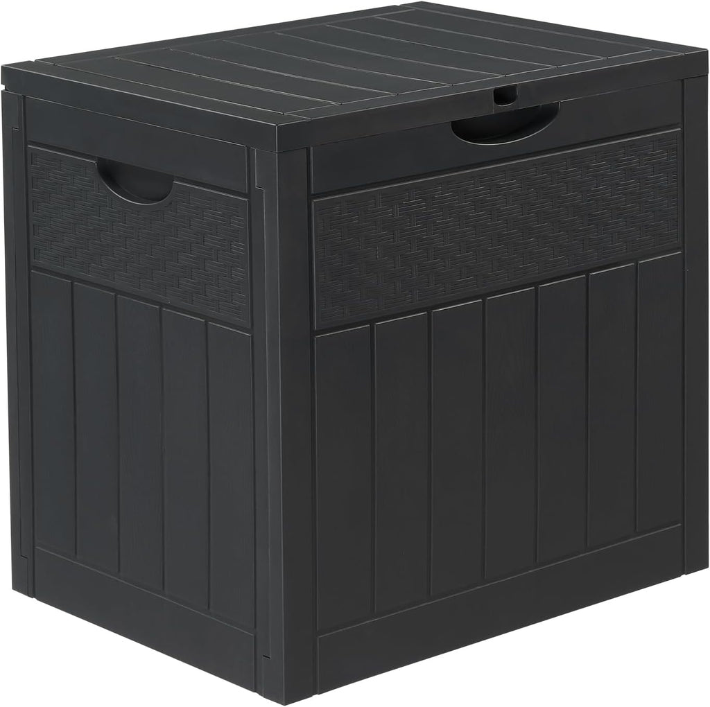 Dark Gray 33 Gal Wood & Rattan Plastic Storage Bench, Outdoor Deck Box, Patio Storage Box for Garden Cushions Tools, Garden Tool Storage Pool Accessory Holder Cushions Lid Side Table Function