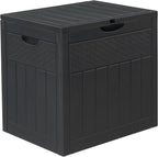 Dark Gray 33 Gal Wood & Rattan Plastic Storage Bench, Outdoor Deck Box, Patio Storage Box for Garden Cushions Tools, Garden Tool Storage Pool Accessory Holder Cushions Lid Side Table Function