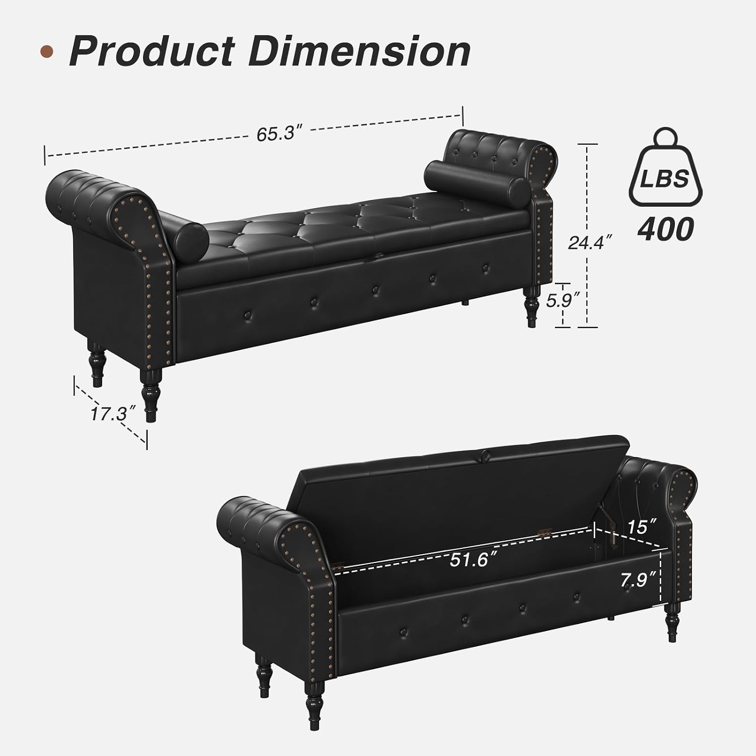 FiveWillowise 65" End of Bed Bench with Storage Ottoman,Black | Faux Leather Upholstered Storage Bench with Rolled Arms and Nailhead Trim for King Size Bed,Bedroom,Entryway,Living room