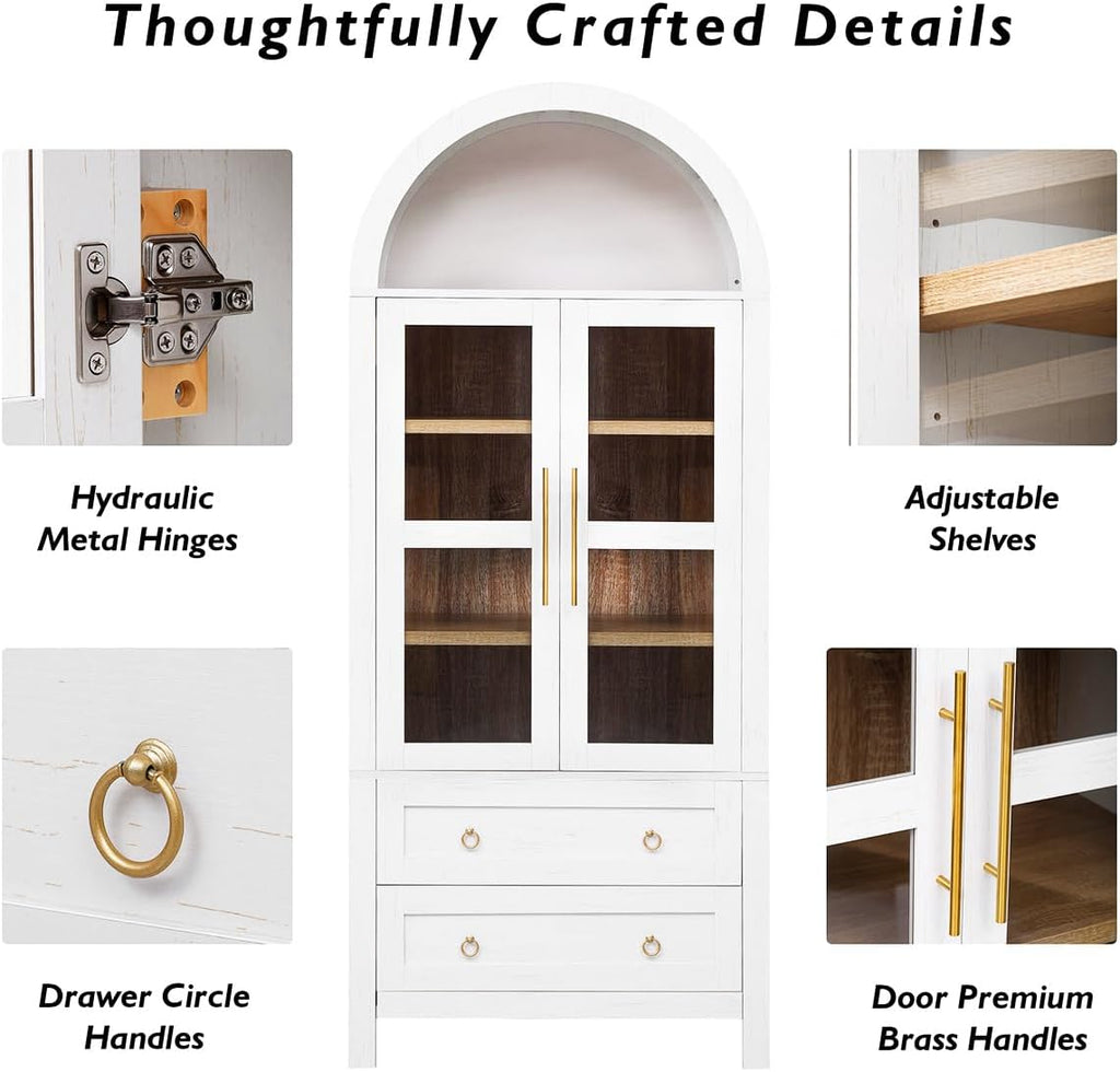 71" Tall Arched Kitchen Pantry Cabinet with 2 Large Drawers & Adjustable Shelves, Arched Bookshelf with Storage Cabinet & Glass Doors, Wooden Versatile Cupboard for Dining Room (White)