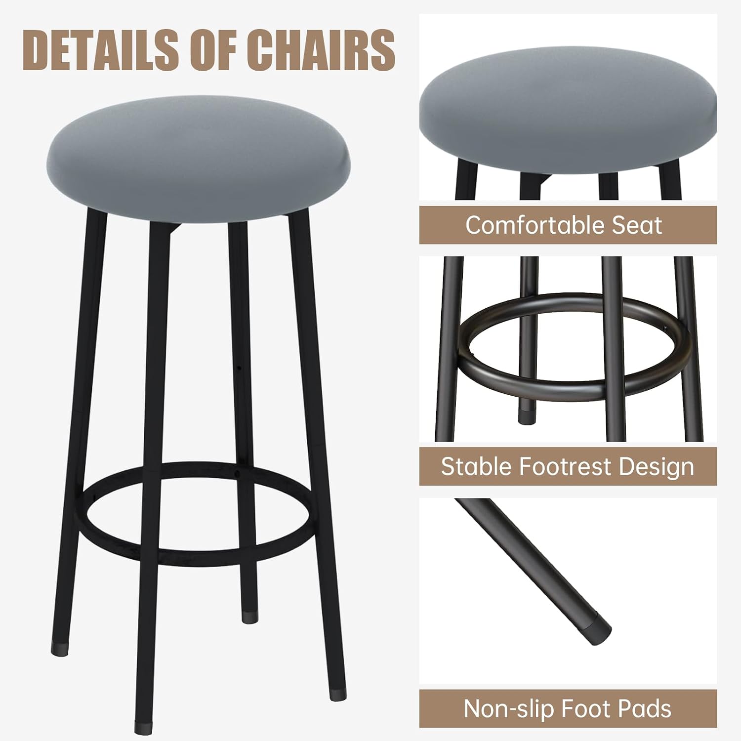 Lamerge 3 Piece Bar Table and Chairs Set, Industrial Bar Table Set with Storage Shelves,Marble Counter Height Island with 2 Bar Stools,Modern Pub Island for Kitchen,Grey