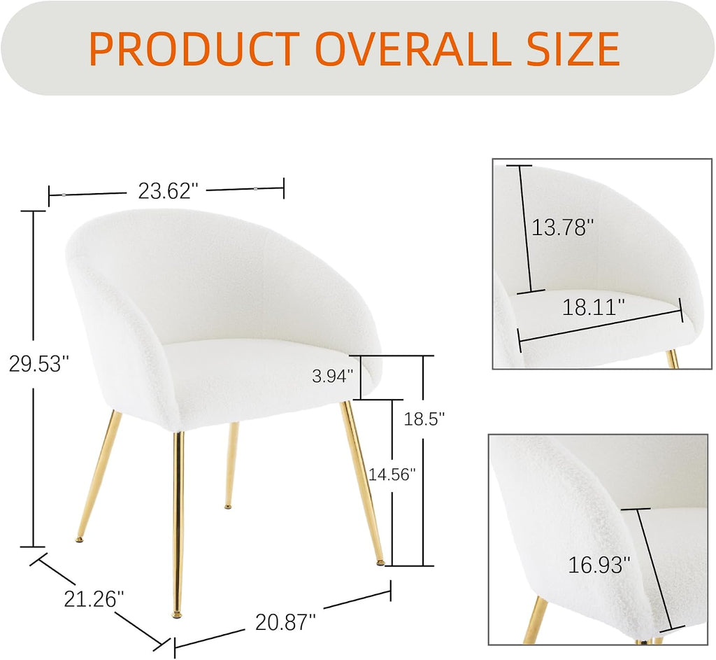 Modern Vanity Chair, Living Room Chair with Metal Legs,Teddy Fabric Dining Chair, Comfy Accent Chair for Makeup Room, Waiting Room, Dressing Room, Bedroom, Dining Room, Home Office (1, White)