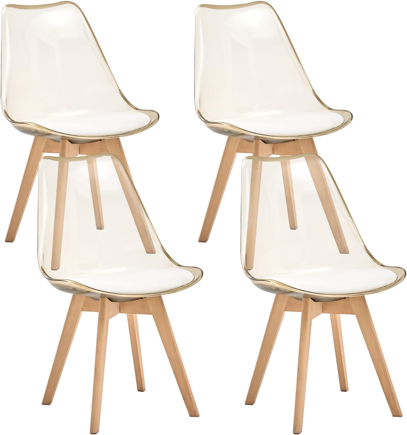 Dining Chairs Set of 4, Clear Acrylic Mid Century Modern Kitchen Chairs with Soft Padded and Wood Legs for Dinner Living Waiting Room Bedroom, Light Brown