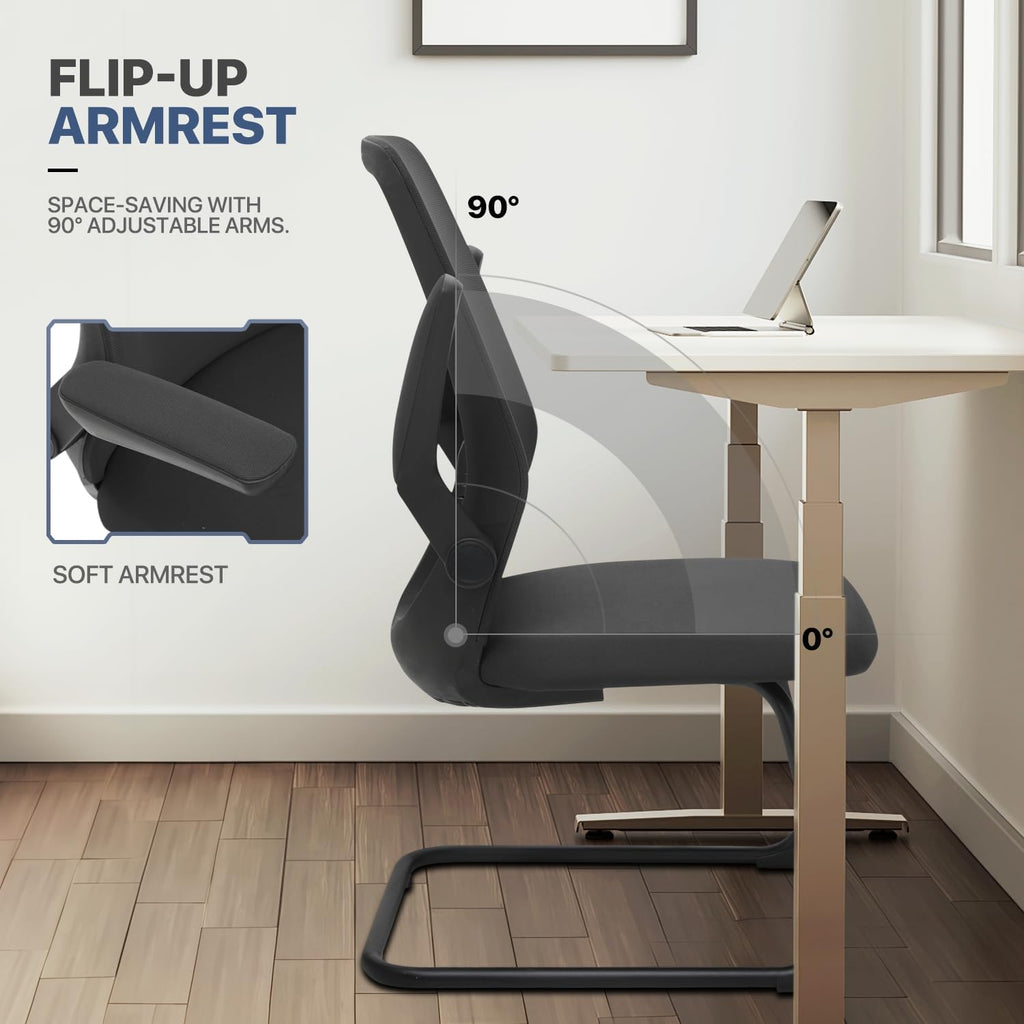MoNiBloom Office Guest Chair Without Wheels, Executive Reception Chair with Lumbar Support and Sled Base, Mid-Back Mesh Task Chair with Flip-Up Arms for Reception Conference Wait Room, 250 LBS, Black
