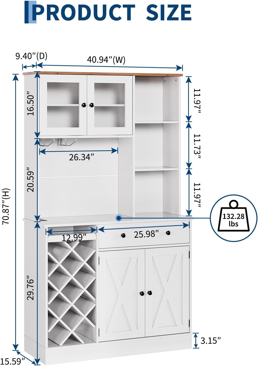 71" Kitchen Pantry Cabinet with Wine Bottle Rack and Charging Station Tall Pantry Storage Cabinet with Adjustable Shelves and Door Shelves Modern Kitchen Hutch with Microwave Stand and Countertop
