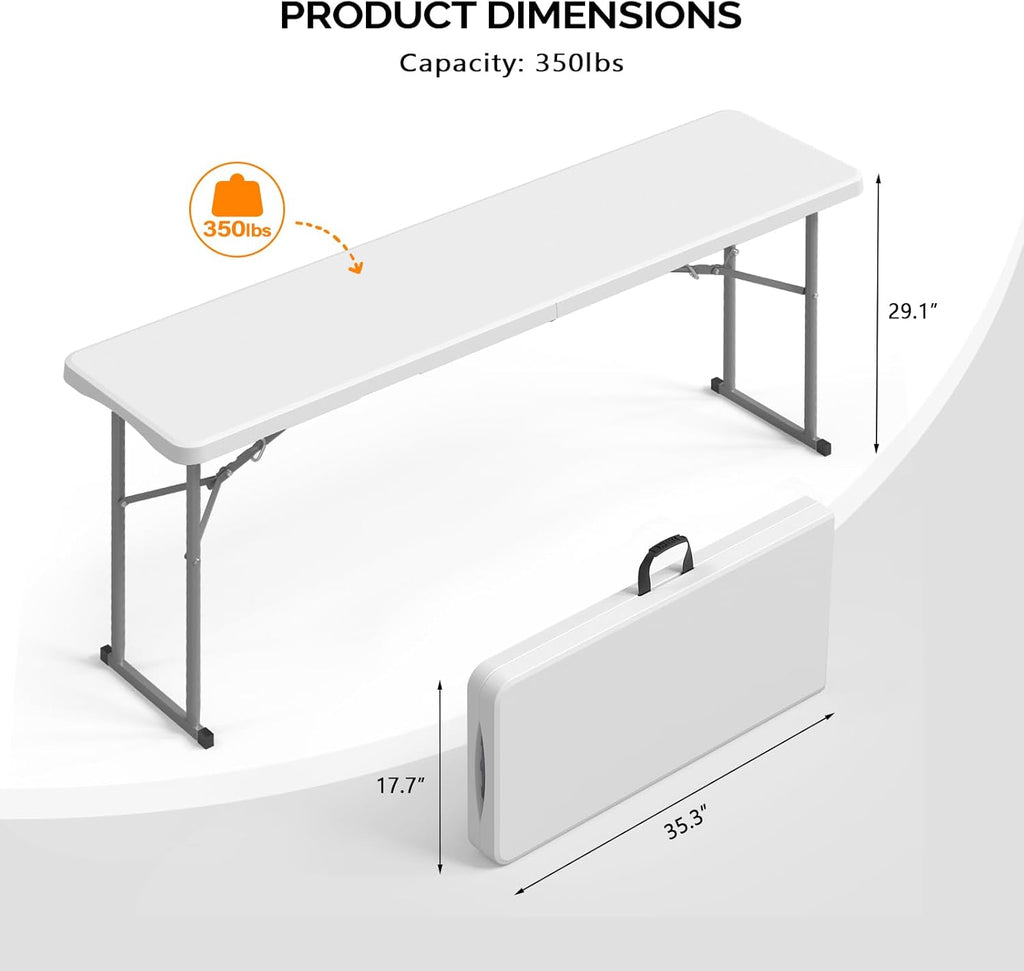 VINGLI 6 FT Narrow Folding Table, Tabletop Folded in Half, Premium Quality HDPE Material and Sturdy Metal Frame, Perfect for Buffet, Seminar, Party, Training, Home Work, White