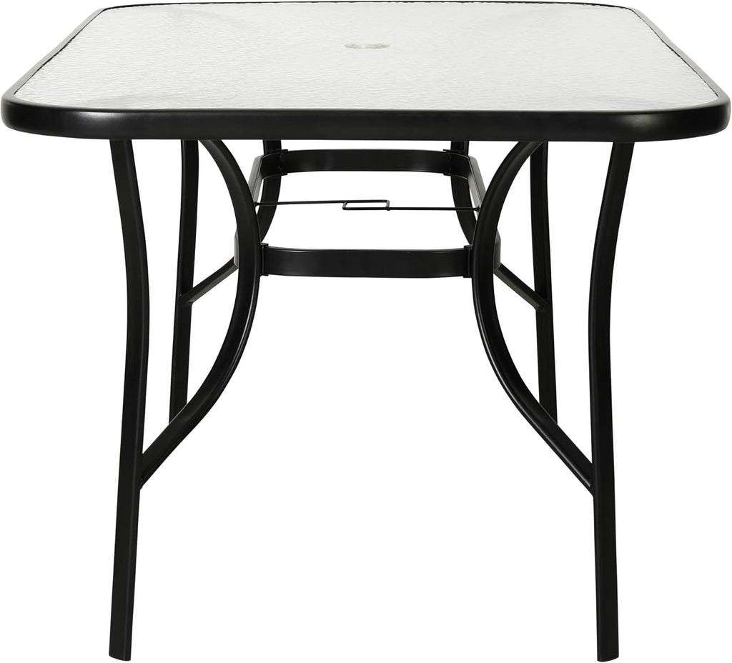 Flash Furniture Tory Rectangle Patio Table with Umbrella Hole, Commercial All-Weather Table with Heat Resistant Tempered Glass, Steel Tube Frame, 35x 59, Black