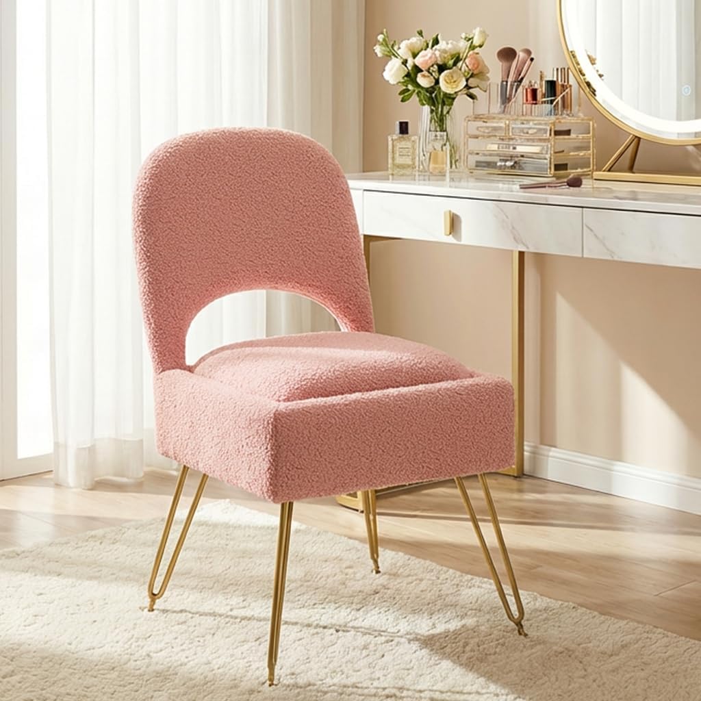 Vanity Chair with Storage & Folding Backrest, Cute Pink Faux Fur Vanity Stool, Comfy Padded Make Chair for Makeup Bedroom, Adjustable Back & Plush Cushion Seat,16.6" Wide 11L Storage Space