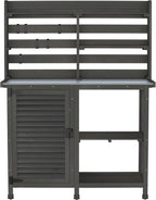 GDLF Potting Bench Table Large Garden Outdoor Work Bench Metal Tabletop Workstation with Storage Cabinet Shelf Dark Grey