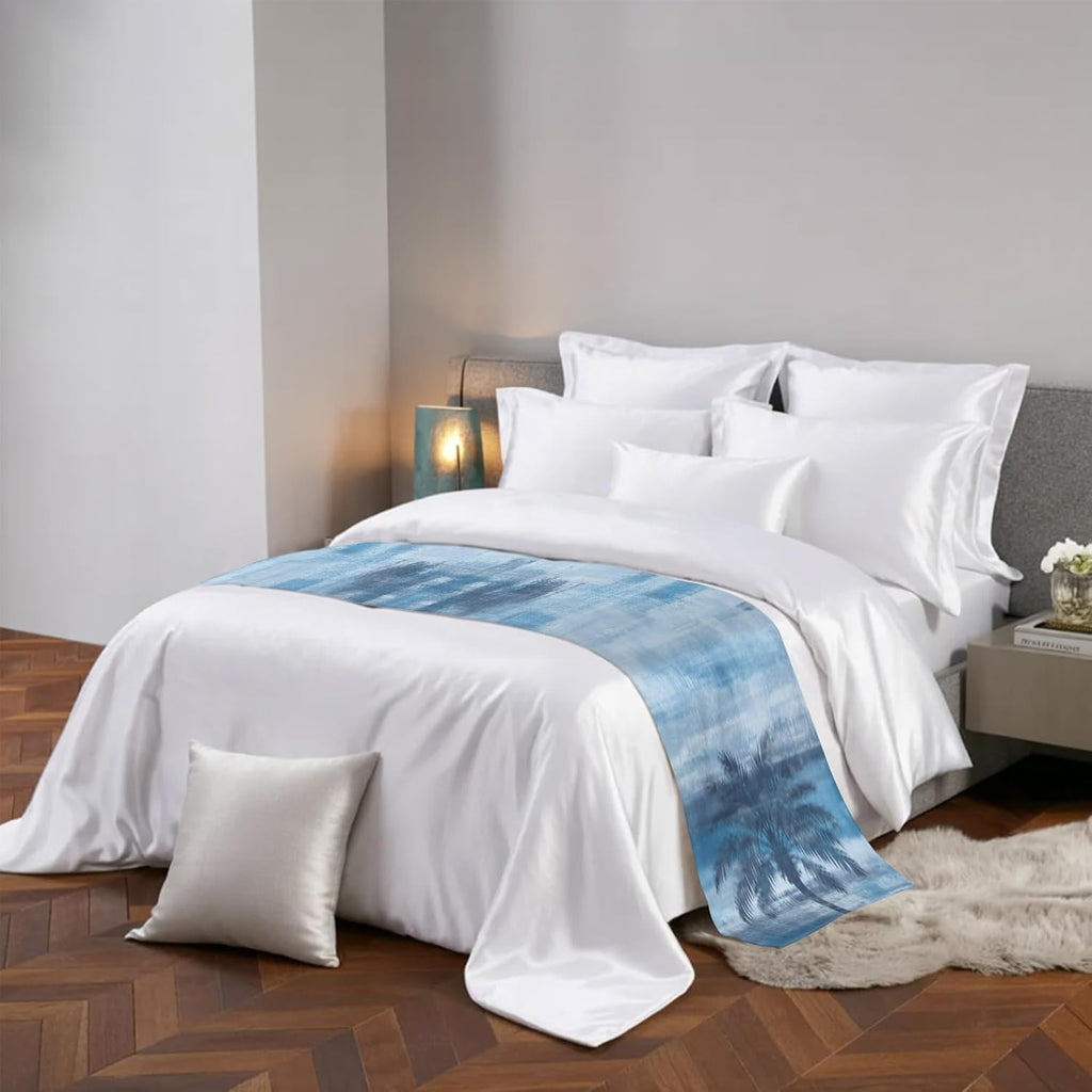 Navy Blue Palm Tree Bed Runner Scarf King Size, Coastal Tropical Trees Vintage Summer Luxury Bed Throw Runners & Scarves for Twin Full Queen King Foot of Beds, Hotel Decoration, 94"x20"