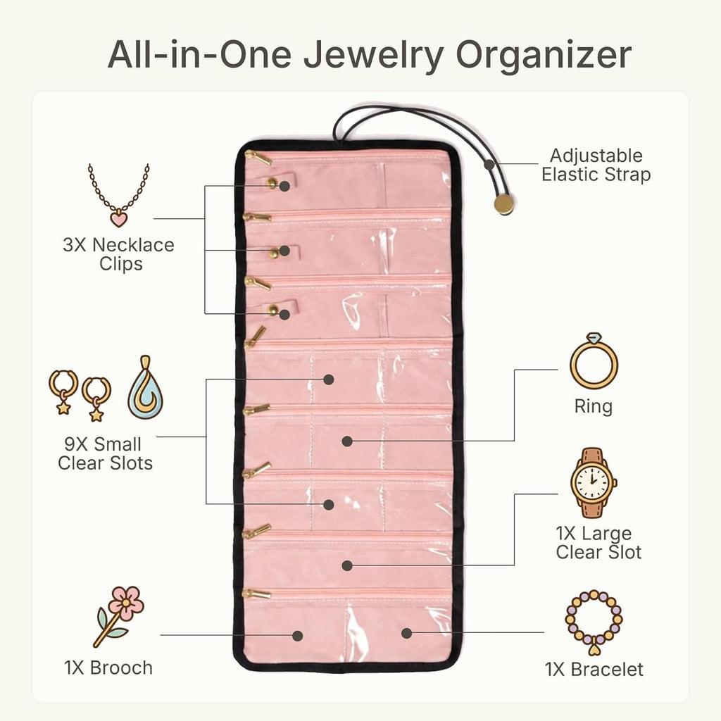 Travel Jewelry Organizer Case, Foldable Velvet Jewelry Roll for Women, Tangle-Free Necklace Storage Bag, Small Portable Jewelry Wrap for Rings, Earrings, Anti-Tarnish Travel Essentials, Black