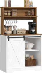 Farmhouse Coffee Bar with Hutch, 55 Inch White Coffee Bar Cabinet Storage with LED Light and Sliding Barn Door, Buffet Cabinet with 6 Hooks, Adjustable Shelves for Living Dining Room