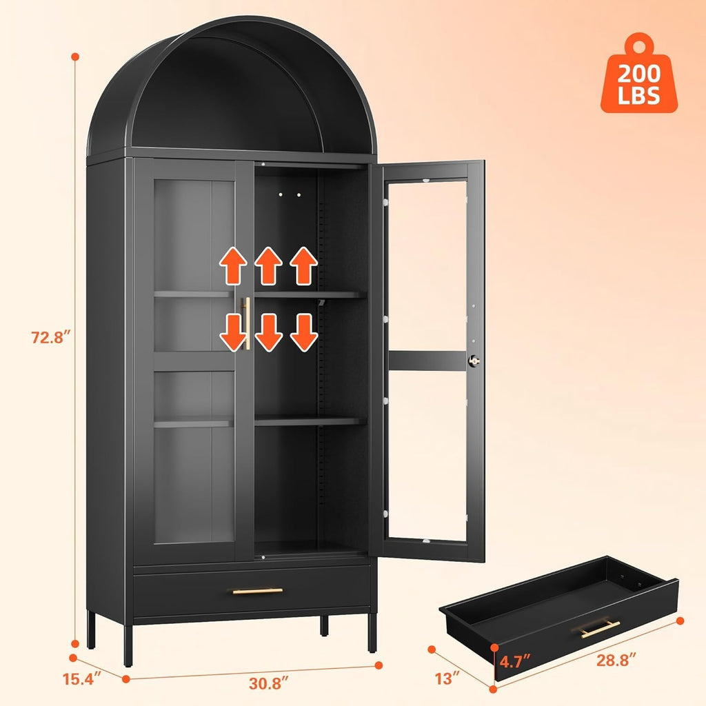 72.83" H Black Metal Arched Cabinet with 1 Drawer,Arched Cabinet with Glass Doors for Home Office Living Room, Assembly Required