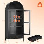 72.83" H Black Metal Arched Cabinet with 1 Drawer,Arched Cabinet with Glass Doors for Home Office Living Room, Assembly Required