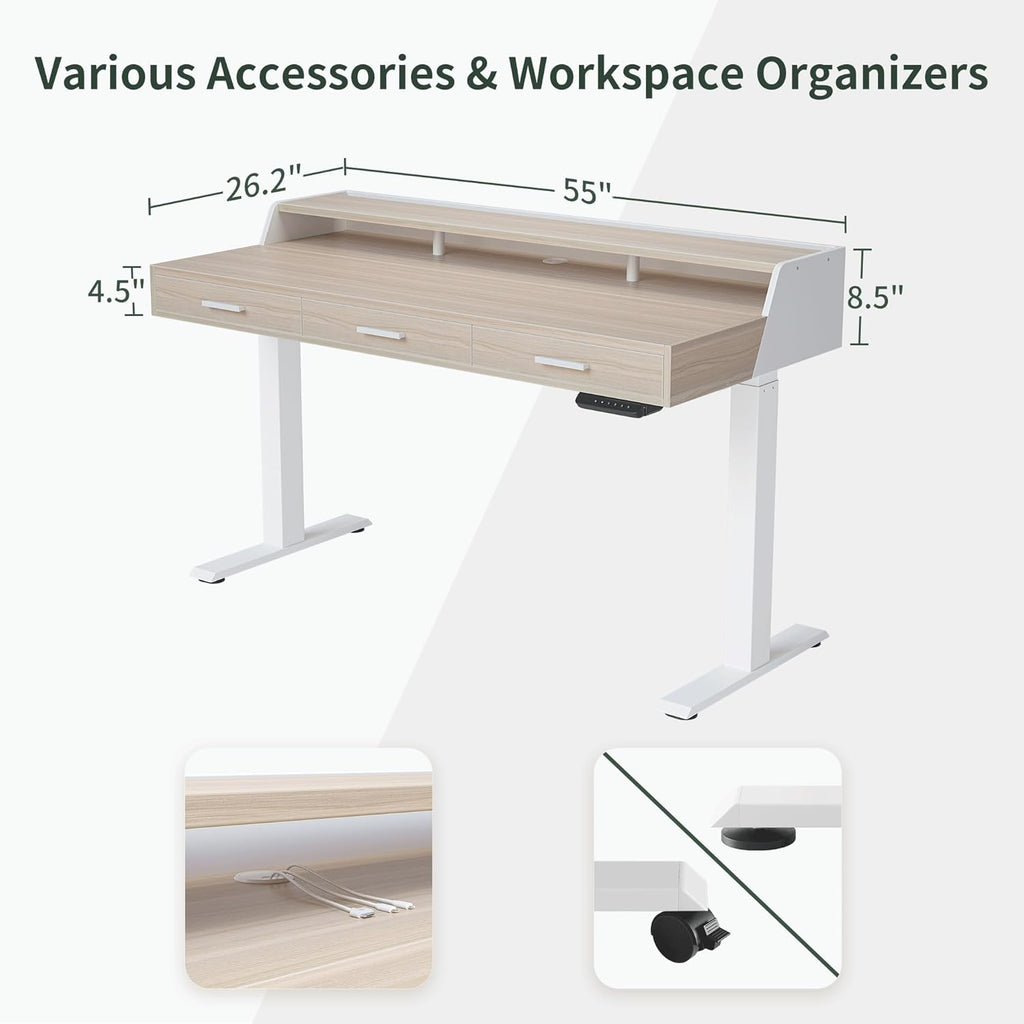 CubiCubi Standing Desk 55x26 Inches with 3 Wood Drawers and Monitor Shelf, Ergonomic Rising Home Office Desks, Height Adjustable Computer Desk, Sit Stand Up Electric Workstation Table, Pale Walnut