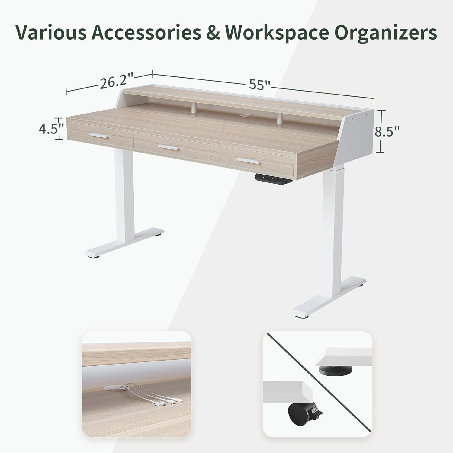 CubiCubi Standing Desk 55x26 Inches with 3 Wood Drawers and Monitor Shelf, Ergonomic Rising Home Office Desks, Height Adjustable Computer Desk, Sit Stand Up Electric Workstation Table, Pale Walnut