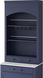 SOFTSEA Kitchen Pantry Storage Cabinet with Faux Marble Top, Buffet Kitchen Hutch with 5 Storage Drawers, Adjustable Shelf and Glass Holders, Blue