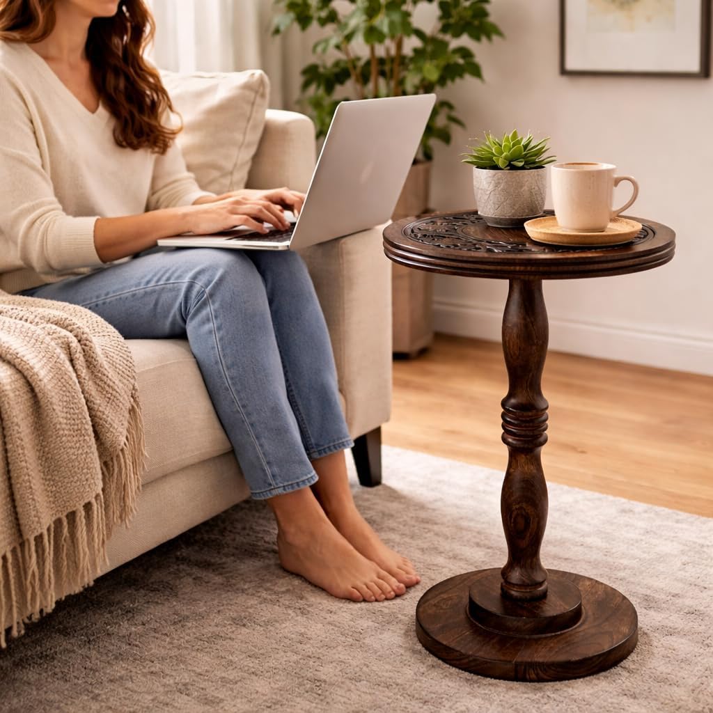 Mango Wooden Accent Table 12x22 Round Handcrafted Carved Side Table,Natural Burnt Finish Nightstand,Rustic Wooden End Table, Solid Wood Bedside Table for Bedroom & Living Room Home Decor