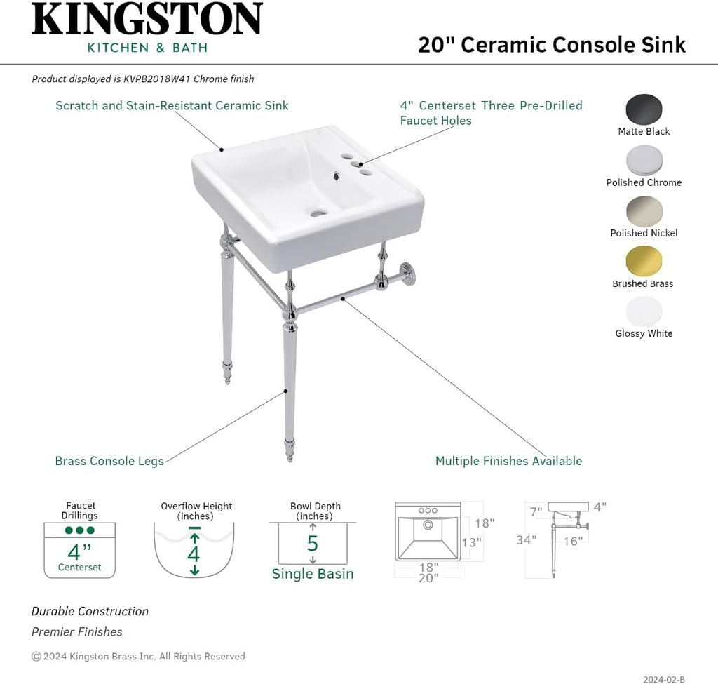 Kingston Brass KVPB2018W41 Edwardian 20-Inch Console Sink with Brass Legs, Polished Chrome