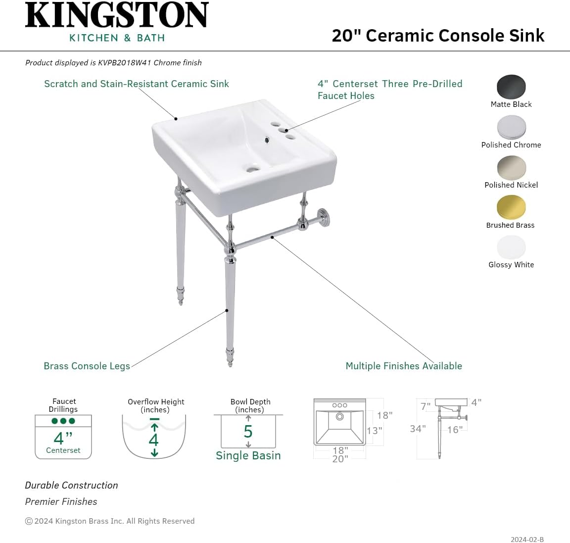 Kingston Brass KVPB2018W41 Edwardian 20-Inch Console Sink with Brass Legs, Polished Chrome