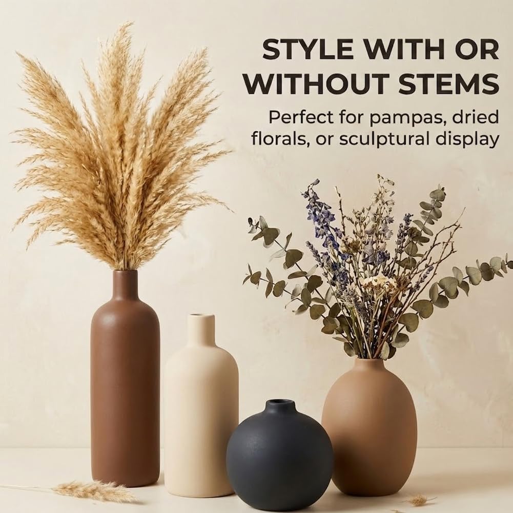 Ceramic Neutral Vase Set of 4 - Modern Decorative Flower Vases Home Decor, Rustic Farmhouse Table Decor for Living Room, Shelves, Entryway, Mantel, Boho Pottery Vases for Bouquets, Pampas, and Gifts
