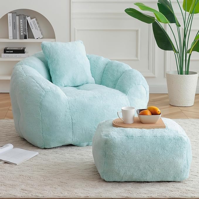 Bean Bag Chair for Adults, Faux Fur Upholstered Beanbag Chair with Shell-Shaped Design, Comfy Bean Bag Sofa with Pillow and Footstool, Floor Sofa Chair for Bedroom (Light Blue)