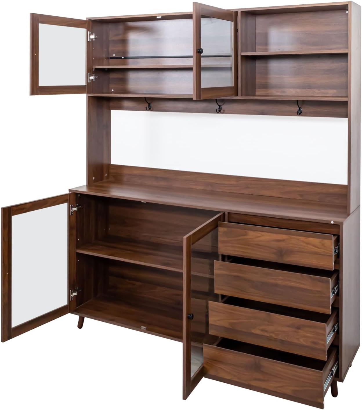 LUMISOL 63" Tall Walnut Rustic Modern Kitchen Hutch Cabinet Organizer, 4 Doors & 4 Drawers, 62.99"L x 15.75"W x 74.8"H, Kitchen Cabinet