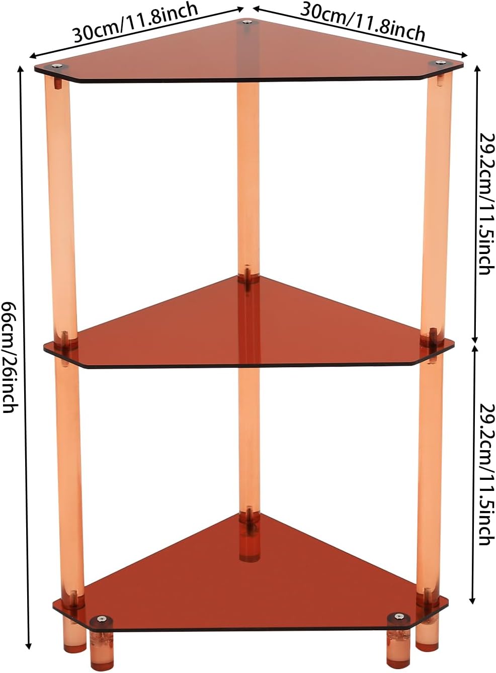 Brown Triangle Acrylic Side Table, 3 Tier Triangle End Table, 22.05lbs Capacity Small Side Table for Living Rooms, Bedrooms, Offices (Brown, 11.8'' L x 11.8'' W x 26'' H)
