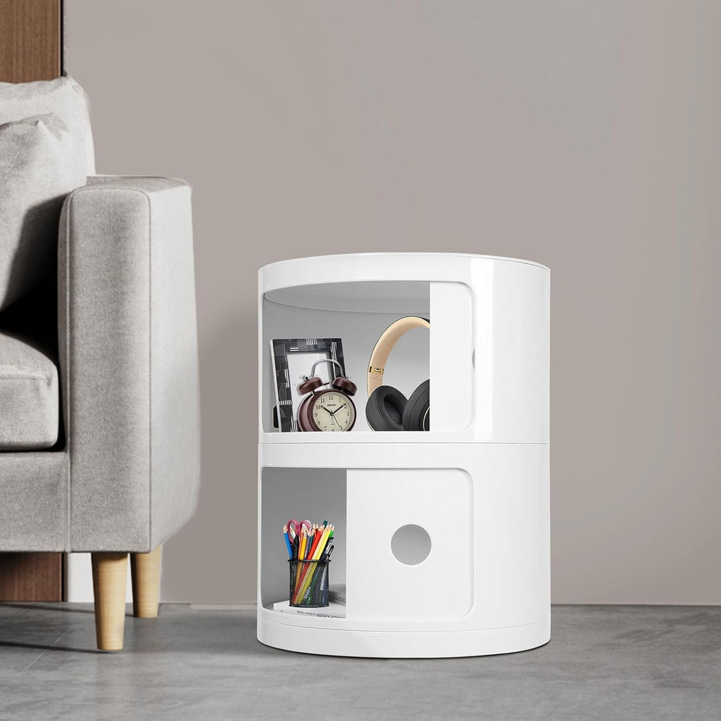2-Tier Circular Nightstand, Round Nightstand, Circular Side Table with Drawer, Cylindrical Cabinet, ABS Sliding Doors, Modern Bedside Table for Bedroom Living Room, 12.5 Inch, 88 Lbs Capacity