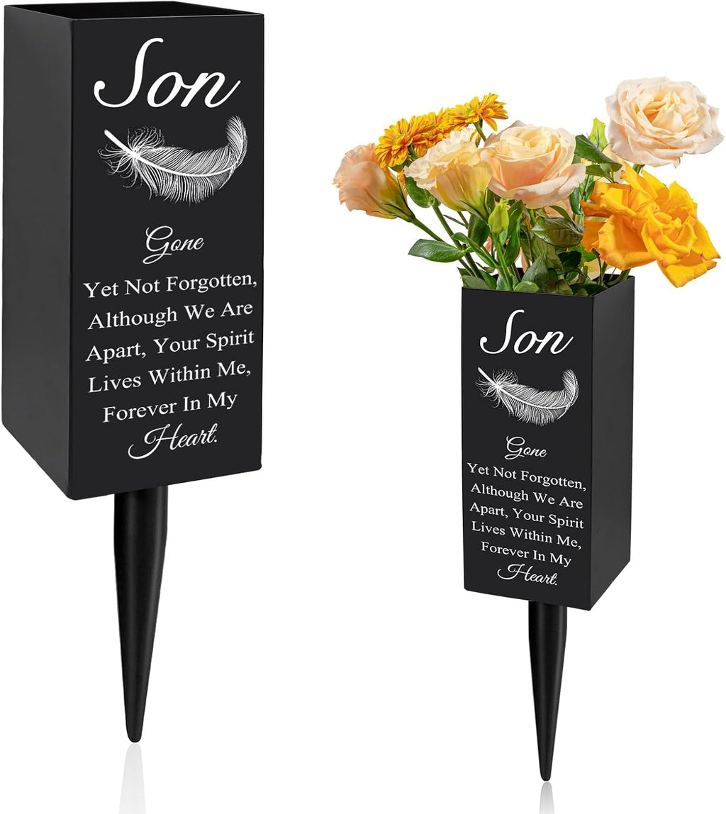 Son Cemetery Vases for Grave, Metal Cemetery Grave Flower Vase with Stake, Son Grave Cemetery Decorations, Metal Memorial Grave Markers, Graveside Decor Sign for Grave Outdoor Yard