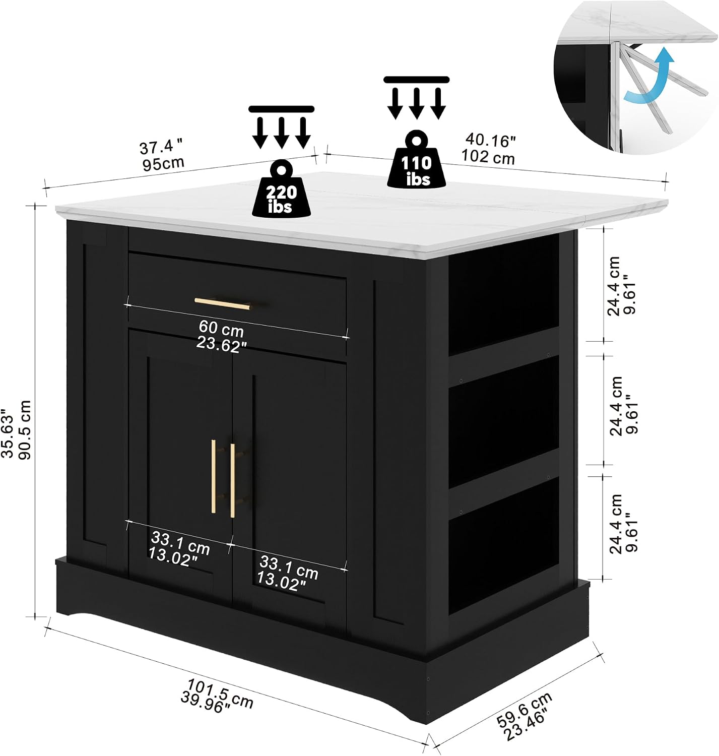 FUSUNBAO Large Kitchen Island with Storage, Drop Leaf & Outlet,Black | Power Outlet,Drawer, Adjustable Shelves, Side Open Compartments, Drop Leaf, Footrest