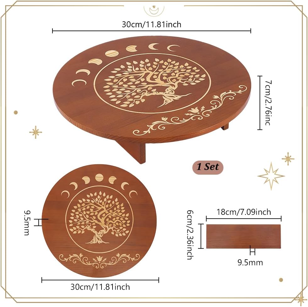 PH PandaHall Altar Table, 11.8x2.7 Inch Round Wooden Meditation Table Engraved Moon Tree of Life Patterns Wiccan Tables for Room Engraved Mystic Decor Witchcraft Supplies Buddhist Alter
