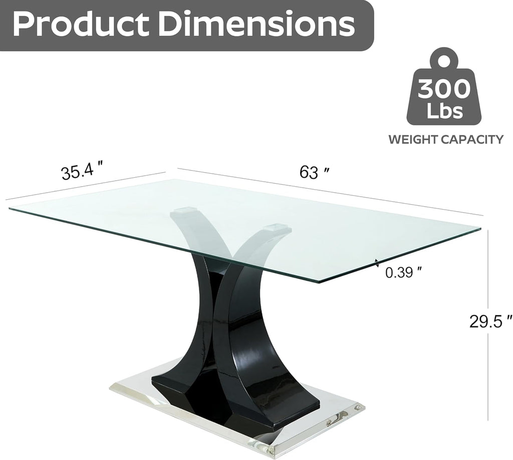 Modern Luxury Glass Dining Table for 4-6, 63'' Clear Minimalist Glass Top Kitchen Table, Large Apartment Rectangle Dinner Room Table with Black MDF & Silver Stainless Steel Base, for Home