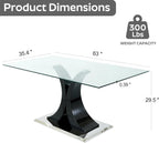 Modern Luxury Glass Dining Table for 4-6, 63'' Clear Minimalist Glass Top Kitchen Table, Large Apartment Rectangle Dinner Room Table with Black MDF & Silver Stainless Steel Base, for Home