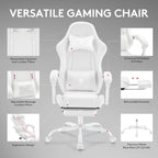 White Gaming Chair,Computer Office Chair with Footrest,Massage Lumbar Support and Gel Pad,Ergonomic Reclining Adjustable Leather Gamer Chair with Headrest and Spring Cushion White
