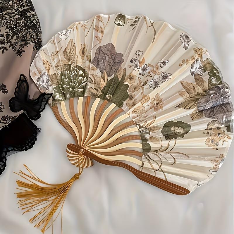 2Pcs Women's Vintage Floral Folding Fan, 11.02in Long, 9.05in Diameter, Handcrafted Chinese Style Fan With Tassel, Portable Decorative Fan,（Beige）
