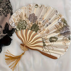2Pcs Women's Vintage Floral Folding Fan, 11.02in Long, 9.05in Diameter, Handcrafted Chinese Style Fan With Tassel, Portable Decorative Fan,（Beige）