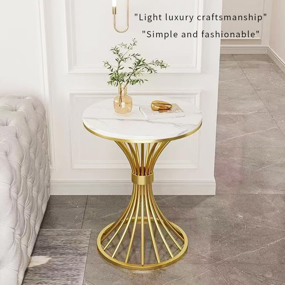 BeautyVerve Rock Plate Small End Tables for Living Room Coffee Tables, Modern Round Side Table with Like-Marble Hard Top, Metal Base, for Patio Bedroom, Corner Desk (Snow Mountain White)
