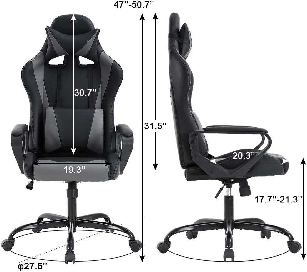 Gaming Chair Office Chair Desk Chair with Lumbar Support Arms Headrest High Back PU Leather Ergonomic Massage Racing Chair Rolling Swivel Executive Adjustable Computer Chair for Adults Girls(Grey)